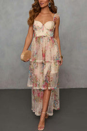 Romantic and Elegant Mesh Floral Back Smocked Tiered Ruffle Maxi Dress