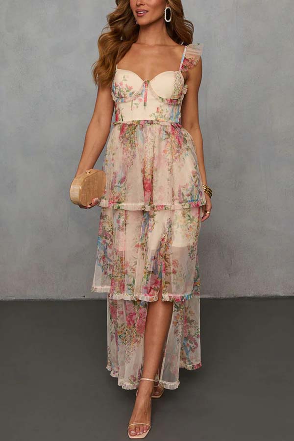 Romantic and Elegant Mesh Floral Back Smocked Tiered Ruffle Maxi Dress