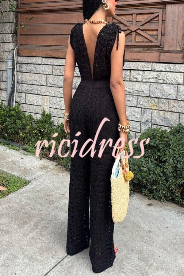 Solid Color Knitted V-neck Holiday Hollow Casual Jumpsuit