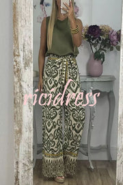 Cecilia Ethnic Print Tie Front Elastic Waist Wide Leg Pants
