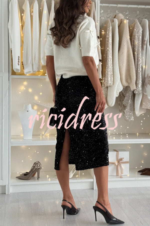 Light The Night Velvet Sequin High Rise Elastic Waist Pencil Slit Midi Skirt