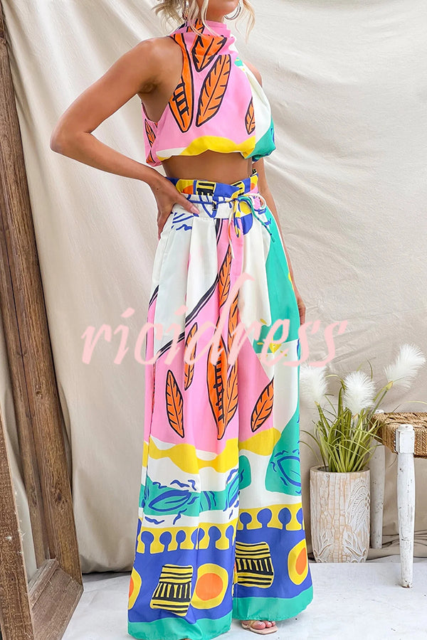 Maison Linen Blend Unique Print High Neck Top and Elastic Tie-up Waist Pocket Wide Leg Pants Set