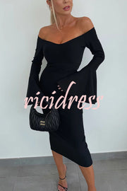 Solid Color Sexy Off-shoulder Trumpet Sleeve Slim Midi Dress