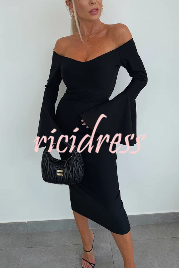 Solid Color Sexy Off-shoulder Trumpet Sleeve Slim Midi Dress