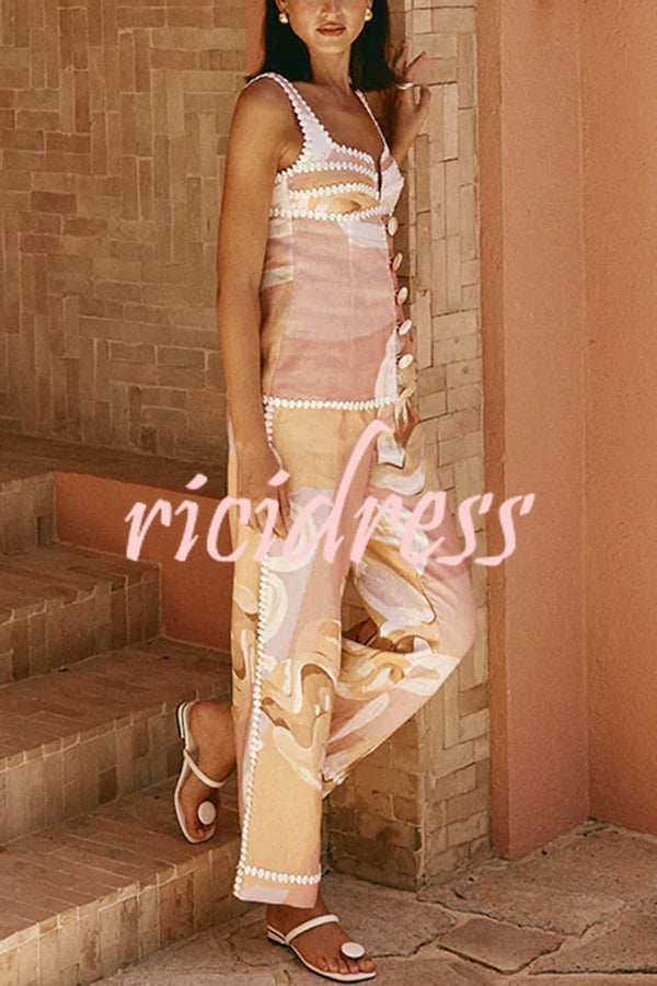 European Summer Linen Blend Ric Rac Trims High Rise Pocket Loose Pants
