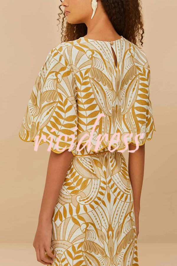 Korra Linen Blend Unique Print Wave Trim Bell Sleeve Top and Elastic Waist Pocket Midi Skirt Set