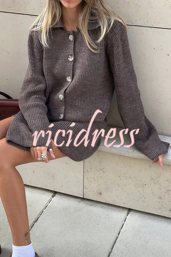 Fashion Lapel Bell Sleeve Knitted Cardigan and Casual Mini Skirt Set