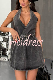 Fashionable Halterneck Open-back Belted Denim Mini Dress