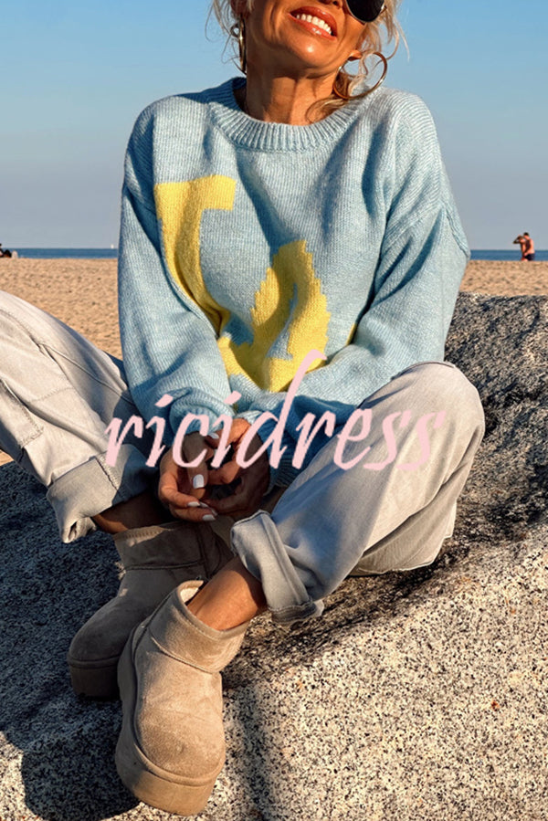 Letter Pattern Crew Neck Long Sleeve Loose Knit Sweater