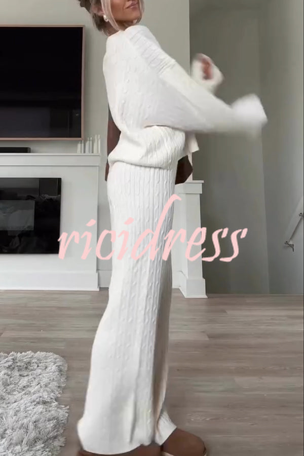Autumn Travel Knit Cable Long Sleeve Sweater and Elastic High Waist Wide Leg Pants Set