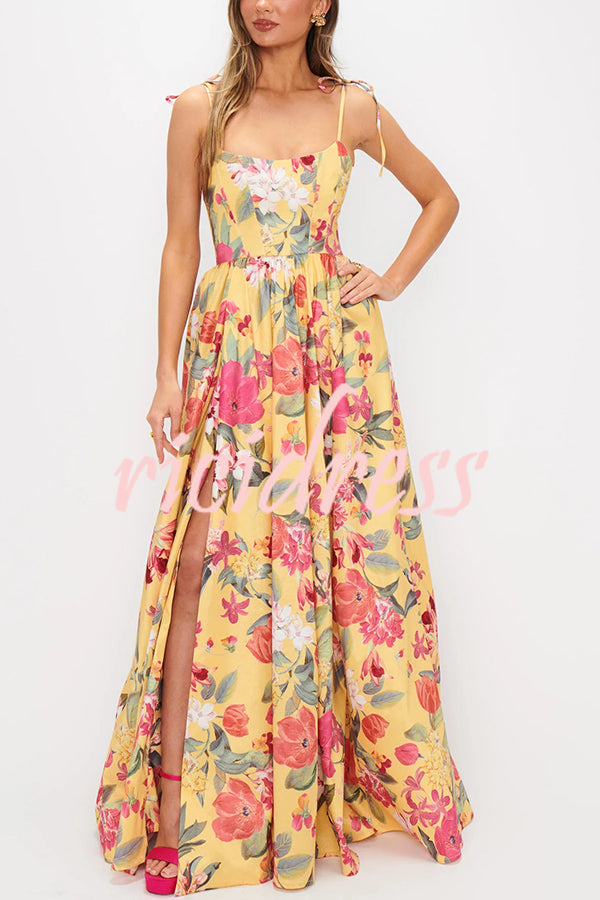 Garden Wedding Floral Print Back Tie-up Pocketed Slit Maxi Dress