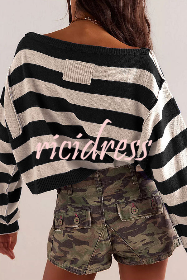 Striped Print Crew Neck Long Sleeve Loose Knitted Sweater