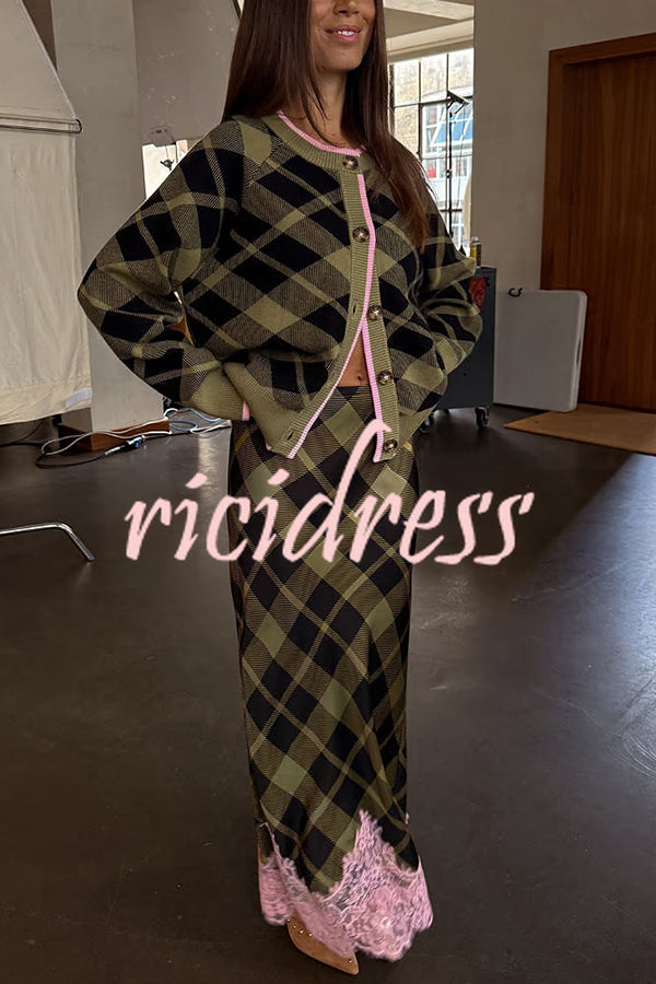 Holiday plaid Satin Unique Print Patchwork Lace Stretch Waist Draped Maxi Skirt