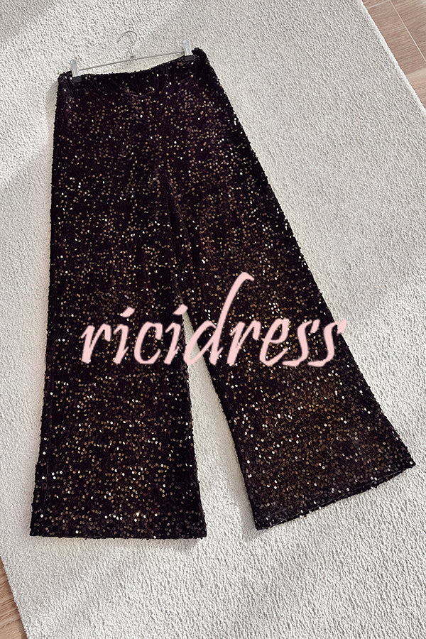 Chic and Merry Velvet Sequin High Rise Elastic Waist Flare Pants