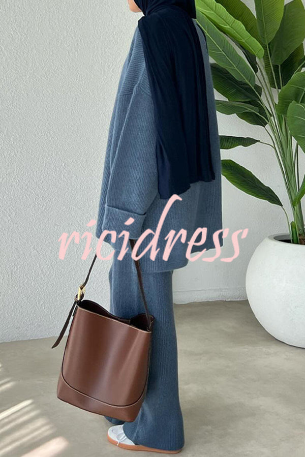 Solid Color Loose Long-sleeved Knit Top and Elastic Waist Casual Straight Leg Pants Set