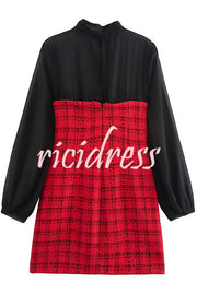 Festive Elegance Tulle Plaid Tweed Patchwork Balloon Sleeve Mini Dress