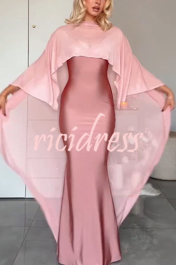Party Charm Satin Sheer Chiffon High Low Cape Slip Maxi Dress