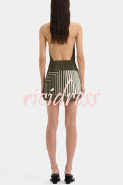 Summer Event⁠ Striped Beads Cowl Neck Backless Tie-up Mini Dress