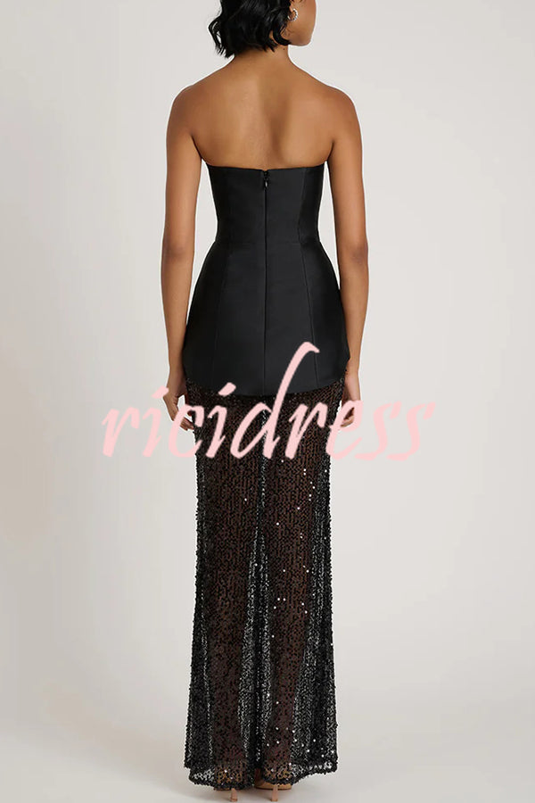 Nerissa Satin cutout metal ball Patchwork sequin hem strapless maxi dress