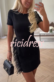 Marcelle Feather Trim Short Sleeve Color-block Him Mini Dress
