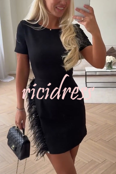 Marcelle Feather Trim Short Sleeve Color-block Him Mini Dress