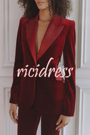Delicate Daze Velvet Satin Lapel Button Up Long Sleeve Tapered Waist Blazer