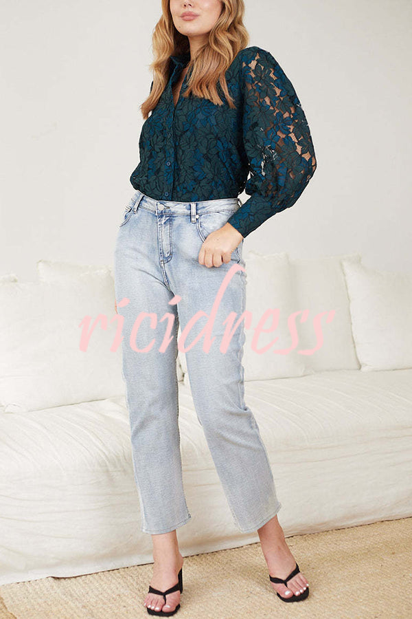 Sexy Hollow Lapel Casual Lace Shirt Top