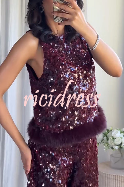 Gala Goddess Sequin Faux Fur Trim Crew Neck Sleeveless Loose Top