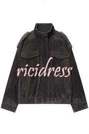 Fashionable Suede Loose Pocket Leather Jacket
