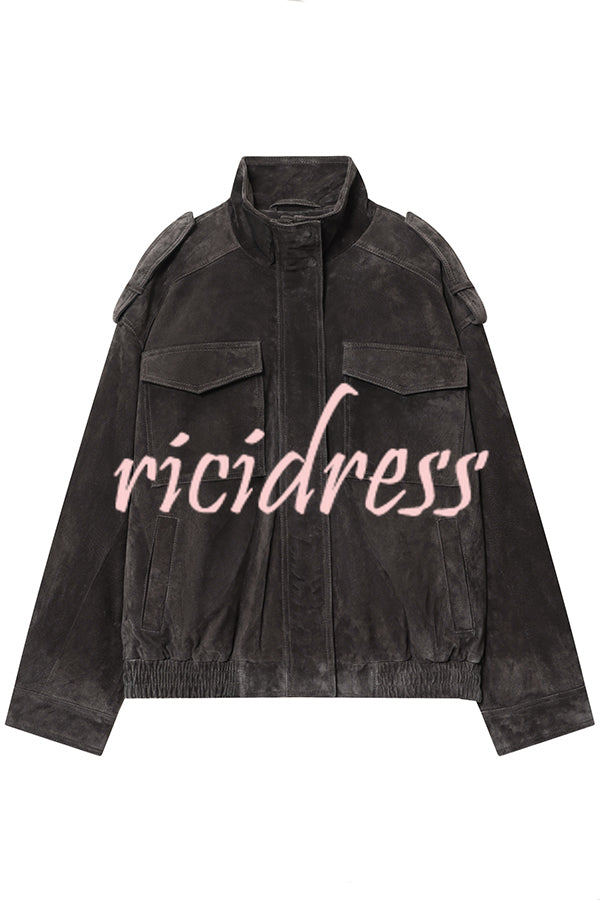 Fashionable Suede Loose Pocket Leather Jacket