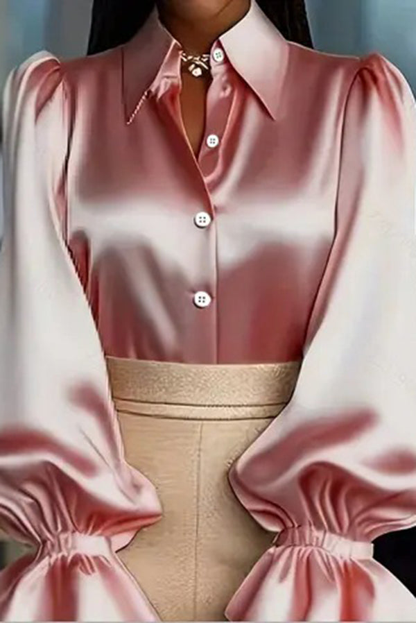Solid Color Satin Puff Sleeve Casual Button-down Shirt