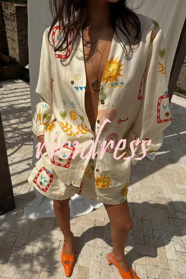 Funny Vacation Unique Printed Long Sleeve Shirt and Elastic Waist Pocket Loose Shorts Set