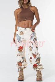 Angel Wings Denim Unique Print Mid Rise Pocket Loose Pants