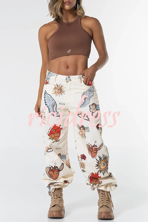Angel Wings Denim Unique Print Mid Rise Pocket Loose Pants