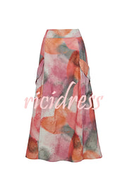 Laylin Wide Sleeve Shirt and Watercolor Print High Waist Drape Pocket Maxi Skirt Set