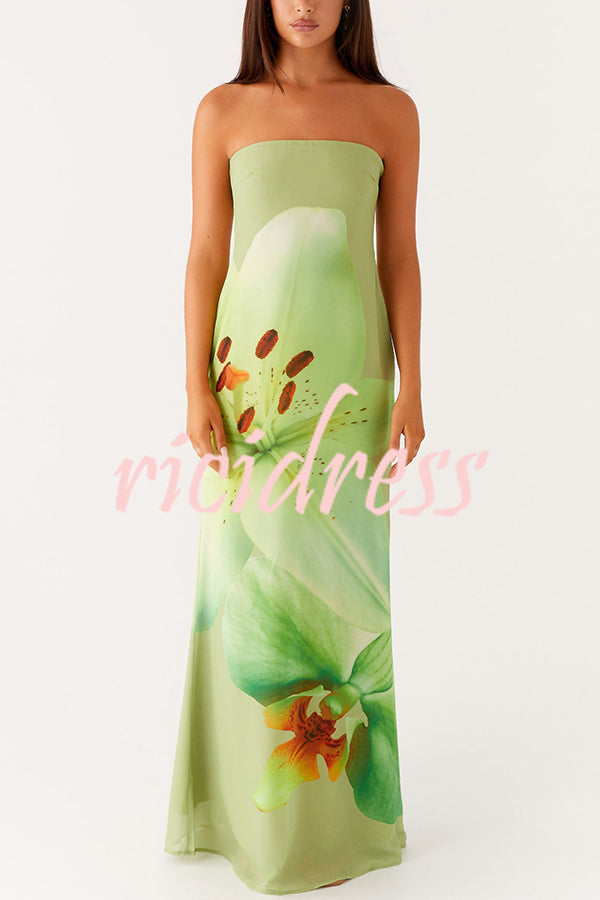 Smooth and Elegant Satin Unique Floral Print Off Shoulder Maxi Dress