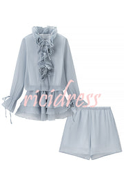 Fashionable Flower-decorated V-neck Loose Top and Elastic Waist Casual Shorts Set