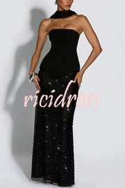 Oakley Corset Strapless Top and Sequin High Rise Maxi Skirt Scarf Set