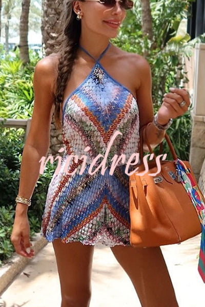 Helina Knit Colorful Herringbone Print Halter Backless Loose Romper