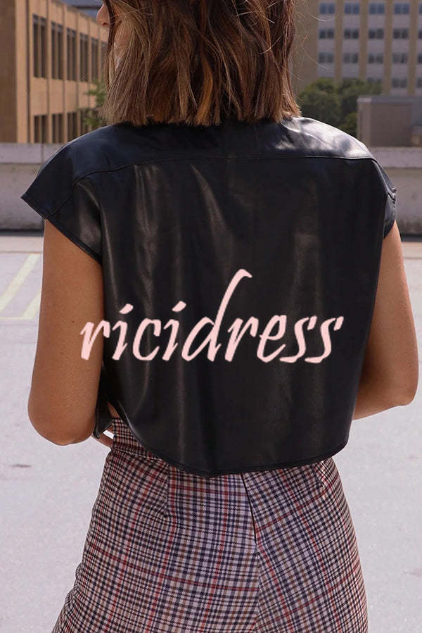 Fashion Faux Leather Pocket Sleeveless Cropped Jacket