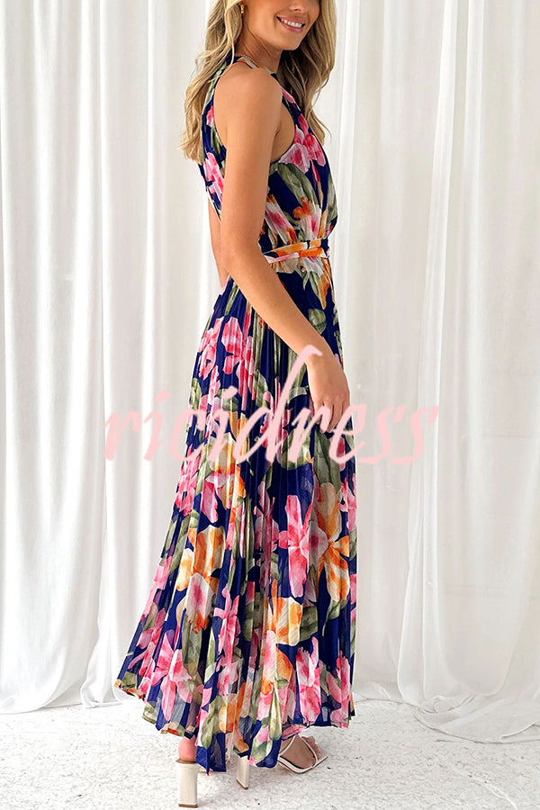 Delicate Floral Print Halterneck Lace Up Pleated Maxi Dress