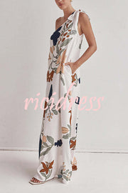 Matches The Vacation Unique Print One Shoulder Tie-up Pocketed Loose Maxi Dress