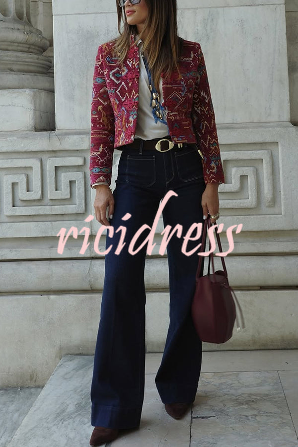 Vintage Bohemian Printed Chinese Style Buttons Long Sleeve Crop Jacket