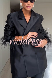 Chic Affair Satin Feather Trim Lapel Loose Blazer and High Rise Pocket Tapered Pants Set