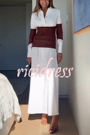 Fashionable Pleated Contrast Patchwork Waist Long Sleeve Button Shirt Maxi Dress