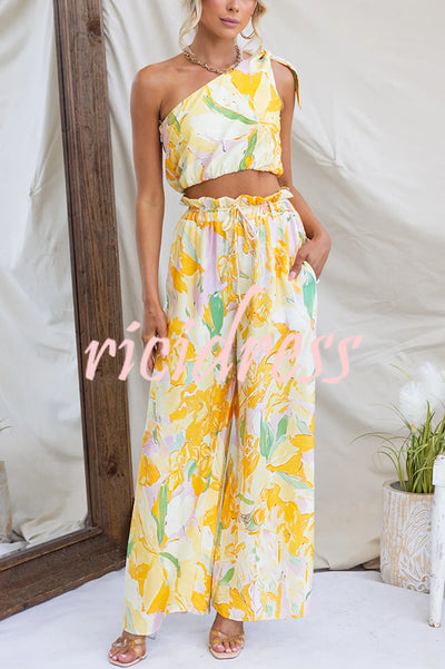 Soleila Floral Print One Shoulder Tie-up Crop Top and Elastic Waist Pocket Loose Pants Set