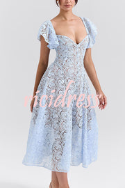 Romantic Atmosphere Bluebell Lace Butterfly Sleeve Sweetheart Neck Stretch Midi Dress