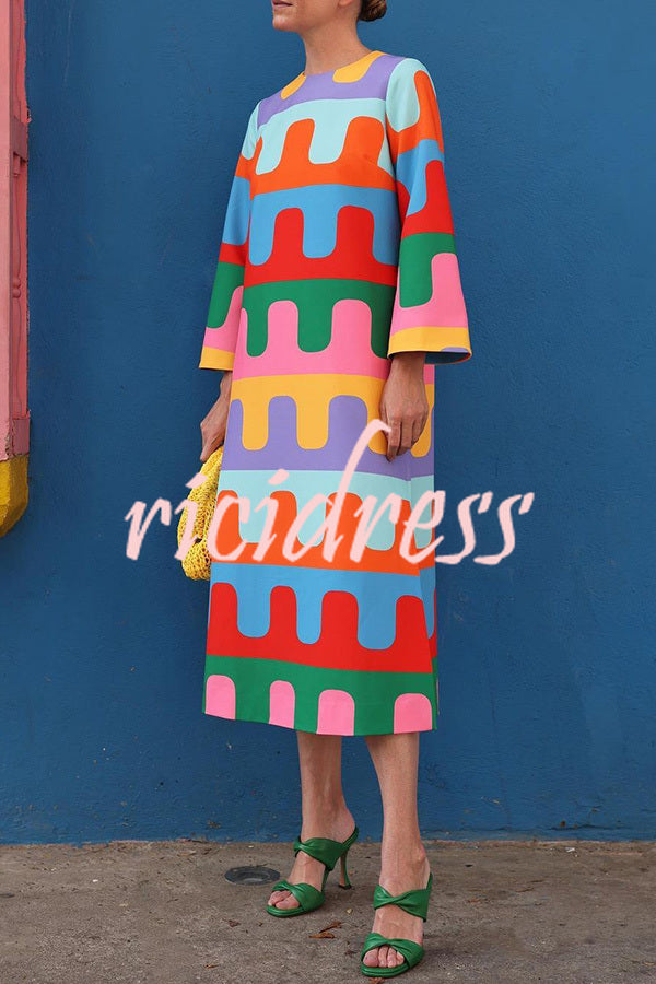 Geometric Print Long Sleeved Midi Dress with Side Slits