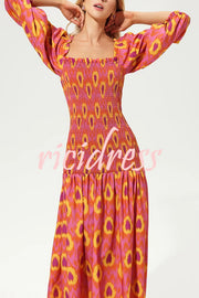 Venita Unique Printed Off Shoulder Balloon Sleeve Smocked Midi Dress