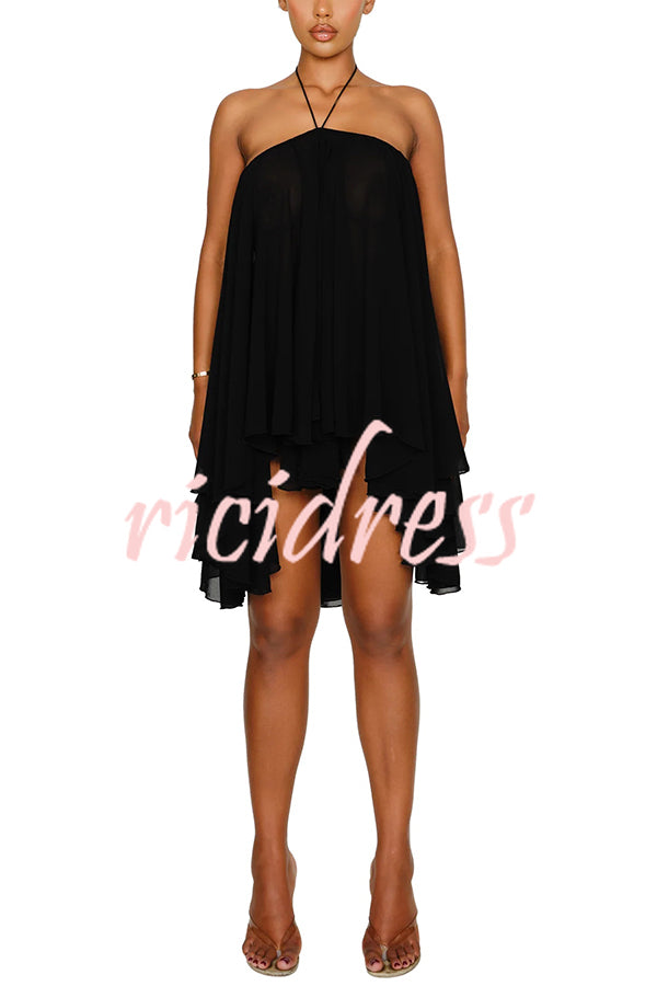 Chiffon Solid Color Halter Backless Irregular Mini Dress